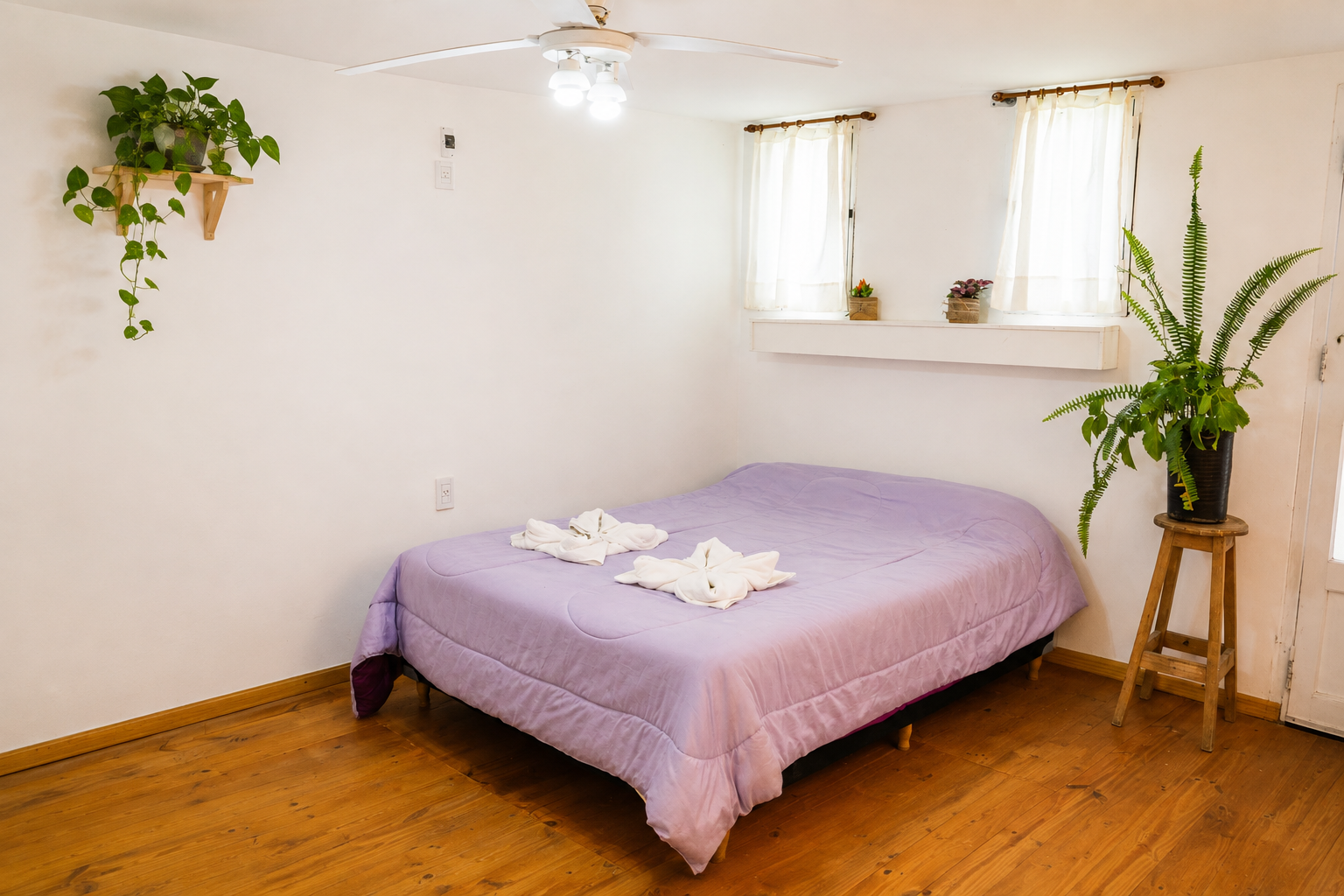 Habitación privada con cama de dos plazas, piso de madera y plantas